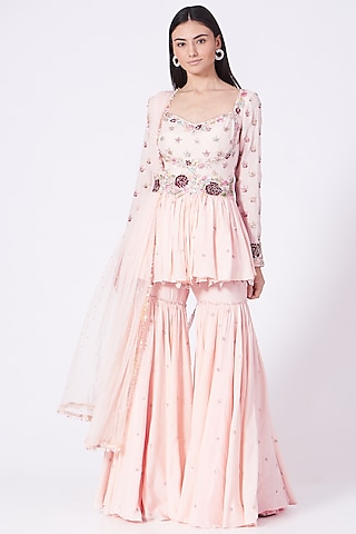 Tea Pink Cotton Silk Gharara Set by Mani Bhatia