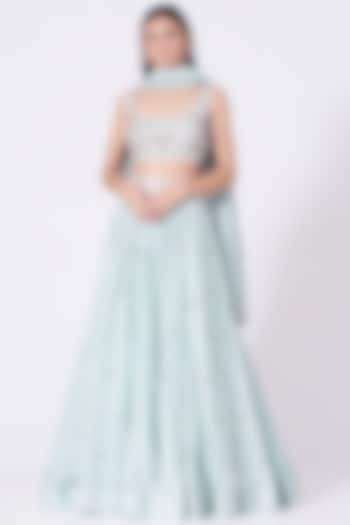 Ice Blue Embroidered Wedding Lehenga Set by Mani Bhatia at Pernia's Pop Up Shop