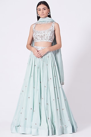 Ice Blue Embroidered Lehenga Set by Mani Bhatia