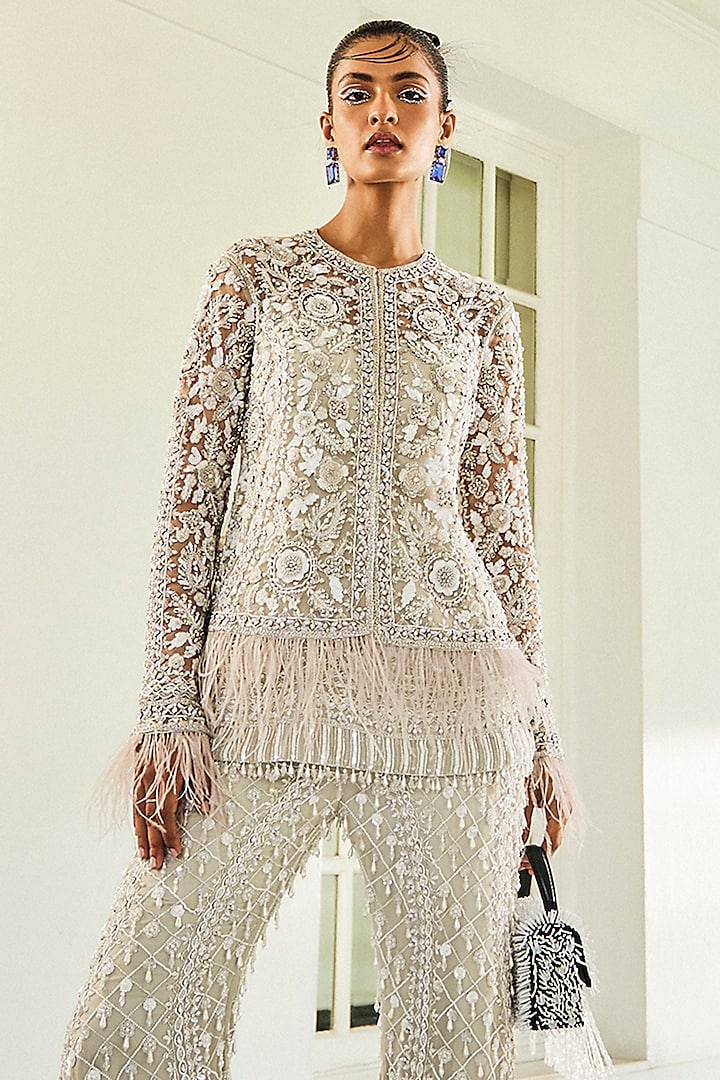 Ice Grey Net Sequins & Cutdana Embroidered Jacket Set by Mani Bhatia at Pernia's Pop Up Shop