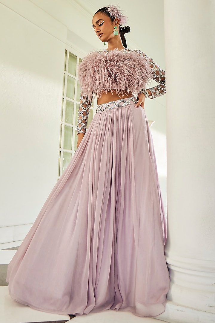 Misty Lilac Chiffon Skirt Set With Feather Blouse by Mani Bhatia at Pernia's Pop Up Shop