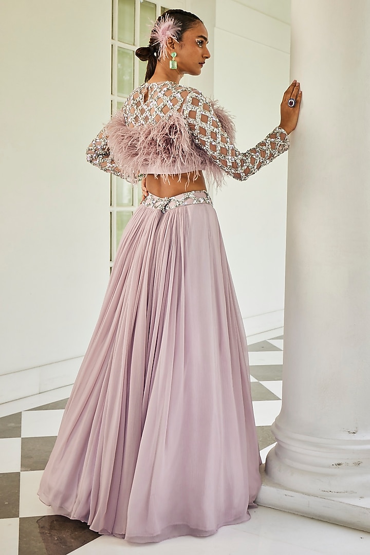 Misty Lilac Chiffon Skirt Set With Feather Blouse by Mani Bhatia at Pernia's Pop Up Shop