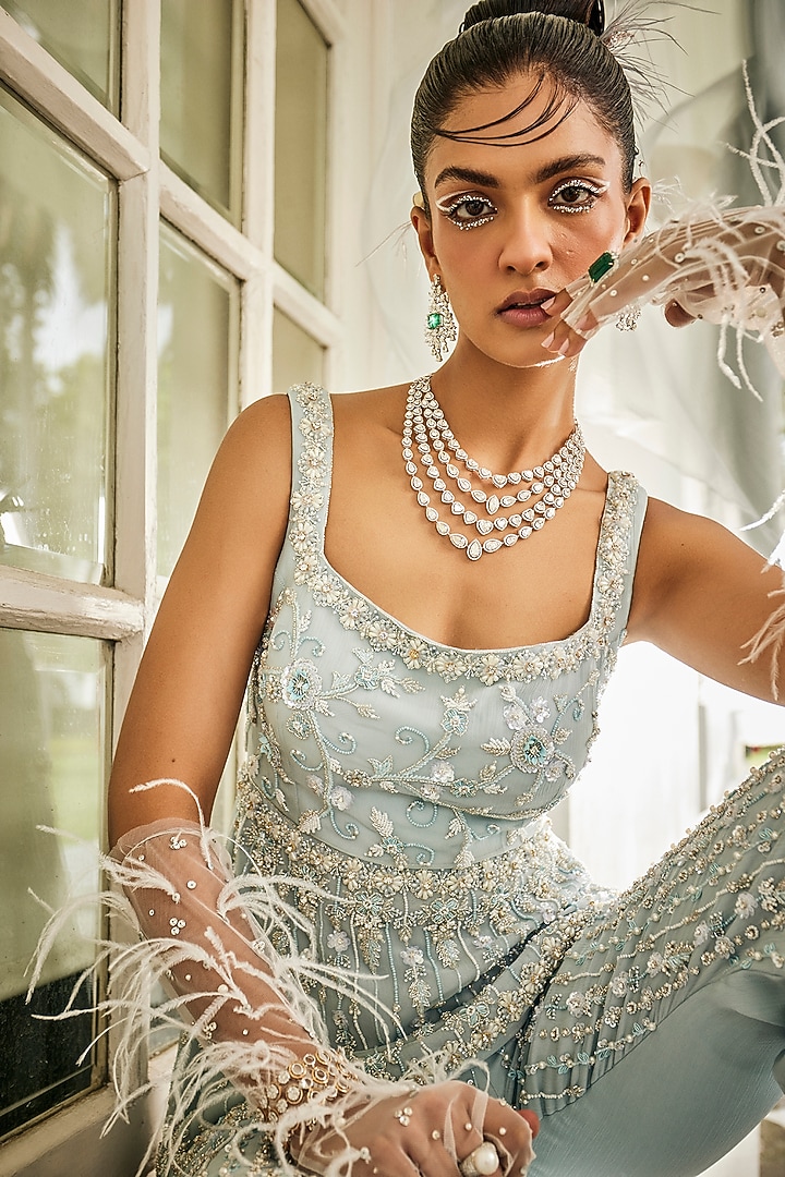 Pale Blue Chiffon & Net Sequins Embroidered Flared Pant Set by Mani Bhatia at Pernia's Pop Up Shop