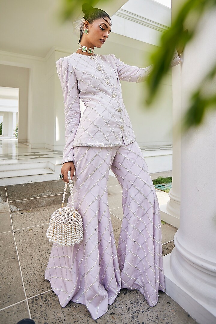 Lavender Crepe & Satin Sequins Embroidered Jacket Set by Mani Bhatia at Pernia's Pop Up Shop