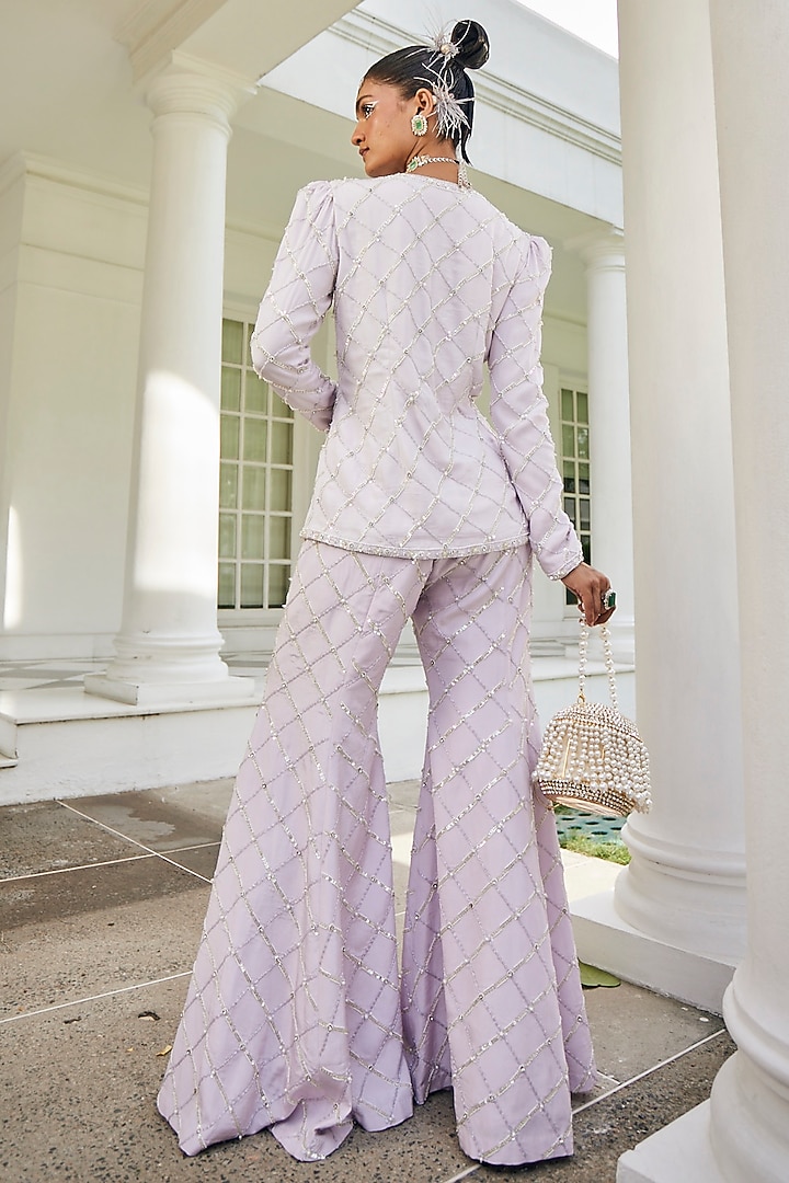 Lavender Crepe & Satin Sequins Embroidered Jacket Set by Mani Bhatia at Pernia's Pop Up Shop