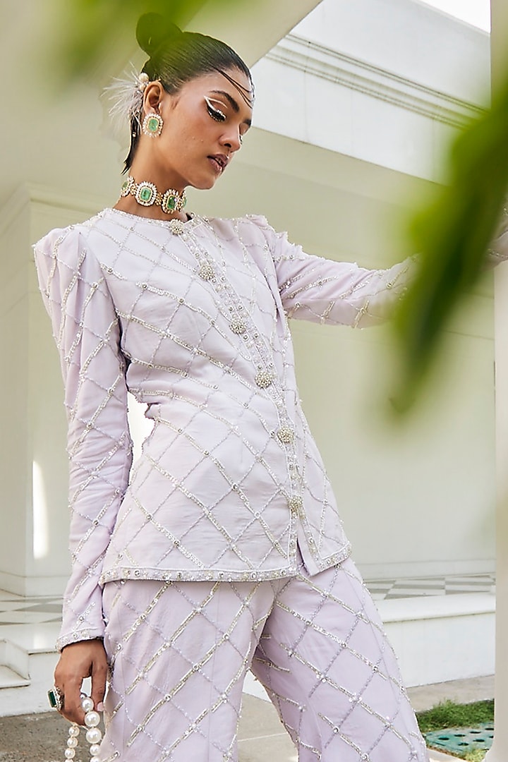 Lavender Crepe & Satin Sequins Embroidered Jacket Set by Mani Bhatia at Pernia's Pop Up Shop
