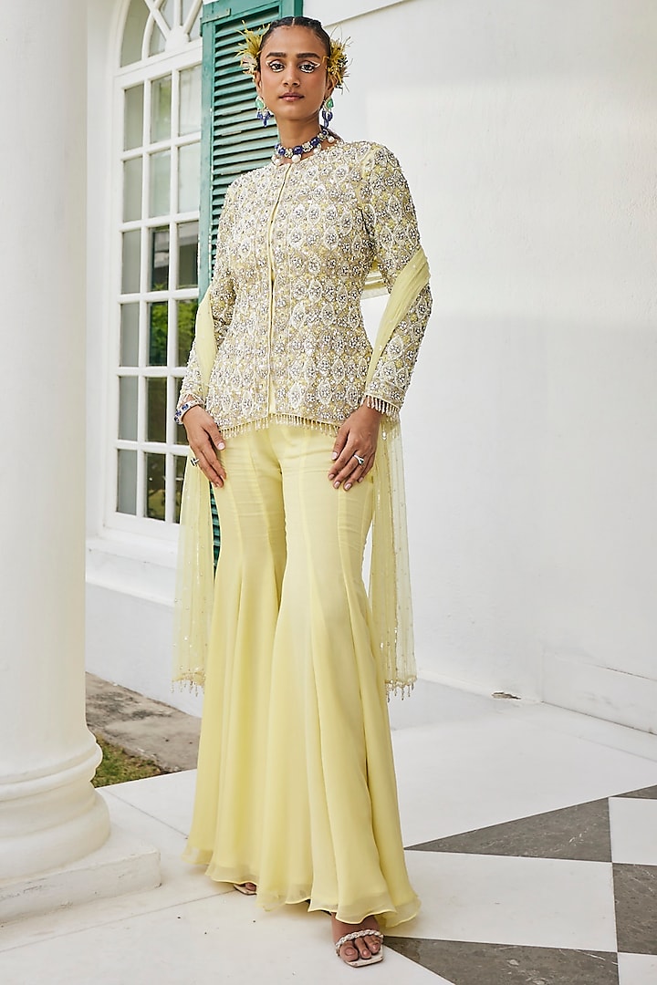 Pastel Yellow Chiffon Sharara Set With Embroidered Jacket by Mani Bhatia at Pernia's Pop Up Shop