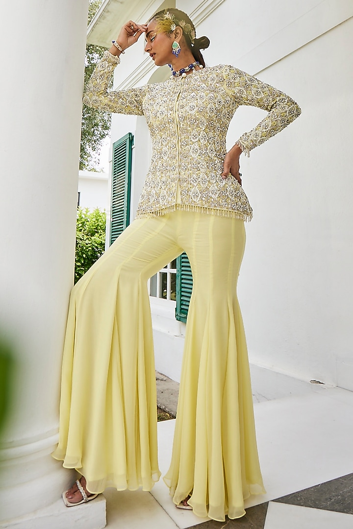 Pastel Yellow Chiffon Bridal Sharara Set With Embroidered Jacket by Mani Bhatia at Pernia's Pop Up Shop