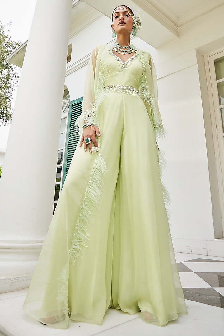 Pastel Green Chiffon Embroidered Jumpsuit With Feather Jacket by Mani Bhatia at Pernia's Pop Up Shop