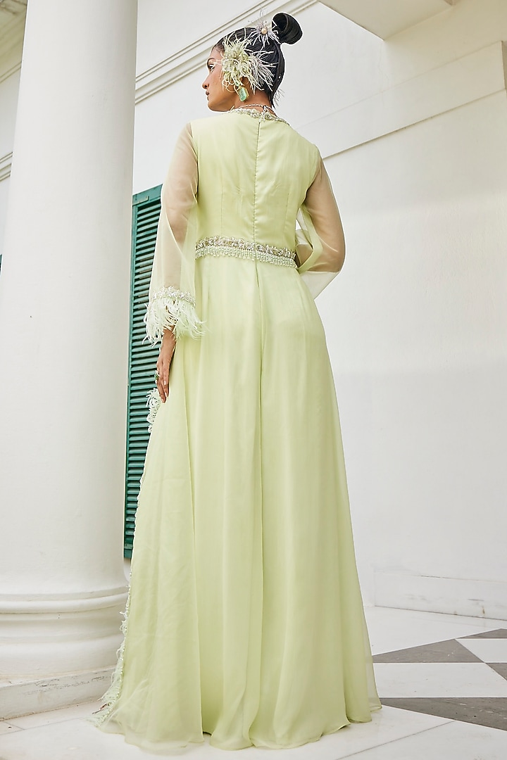 Pastel Green Chiffon Embroidered Jumpsuit With Feather Jacket by Mani Bhatia at Pernia's Pop Up Shop