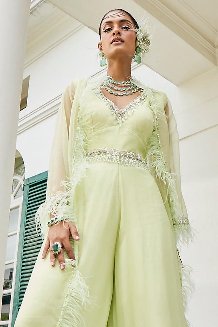 Pastel Green Chiffon Embroidered Jumpsuit With Feather Jacket by Mani Bhatia at Pernia's Pop Up Shop