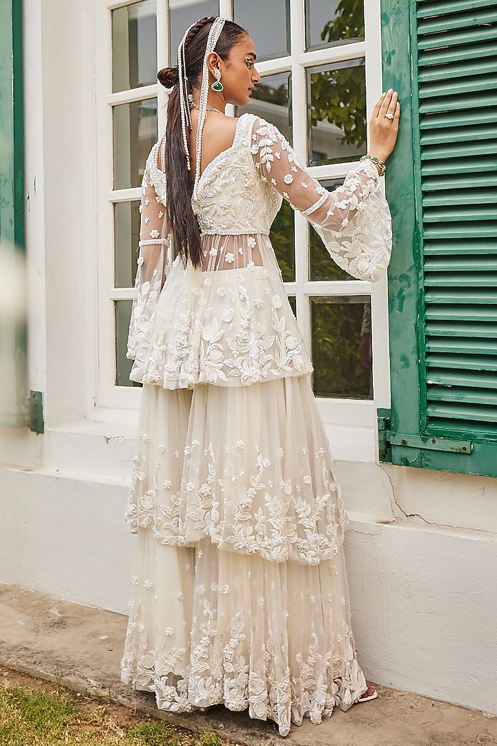 Ivory Crepe & Net Pearl Embroidered Double Layered Bridal Sharara Set by Mani Bhatia at Pernia's Pop Up Shop