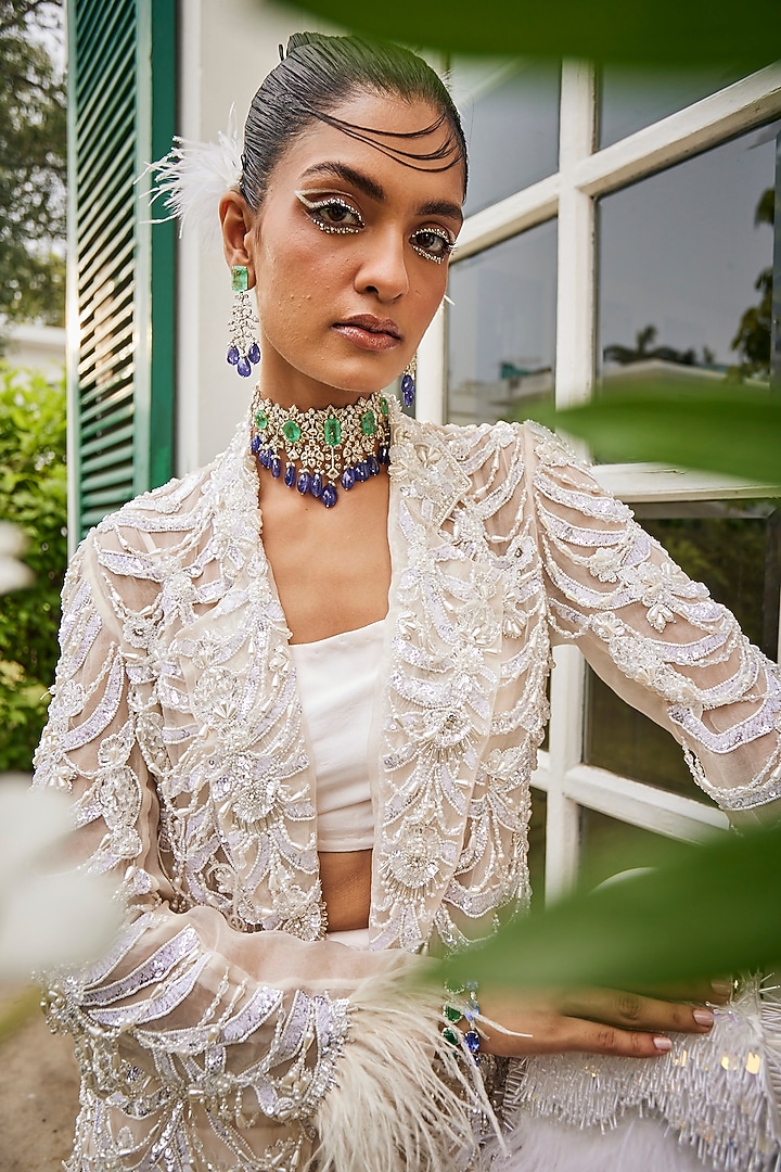Ivory Dupion Silk & Net Feather Embroidered Jacket Set by Mani Bhatia at Pernia's Pop Up Shop