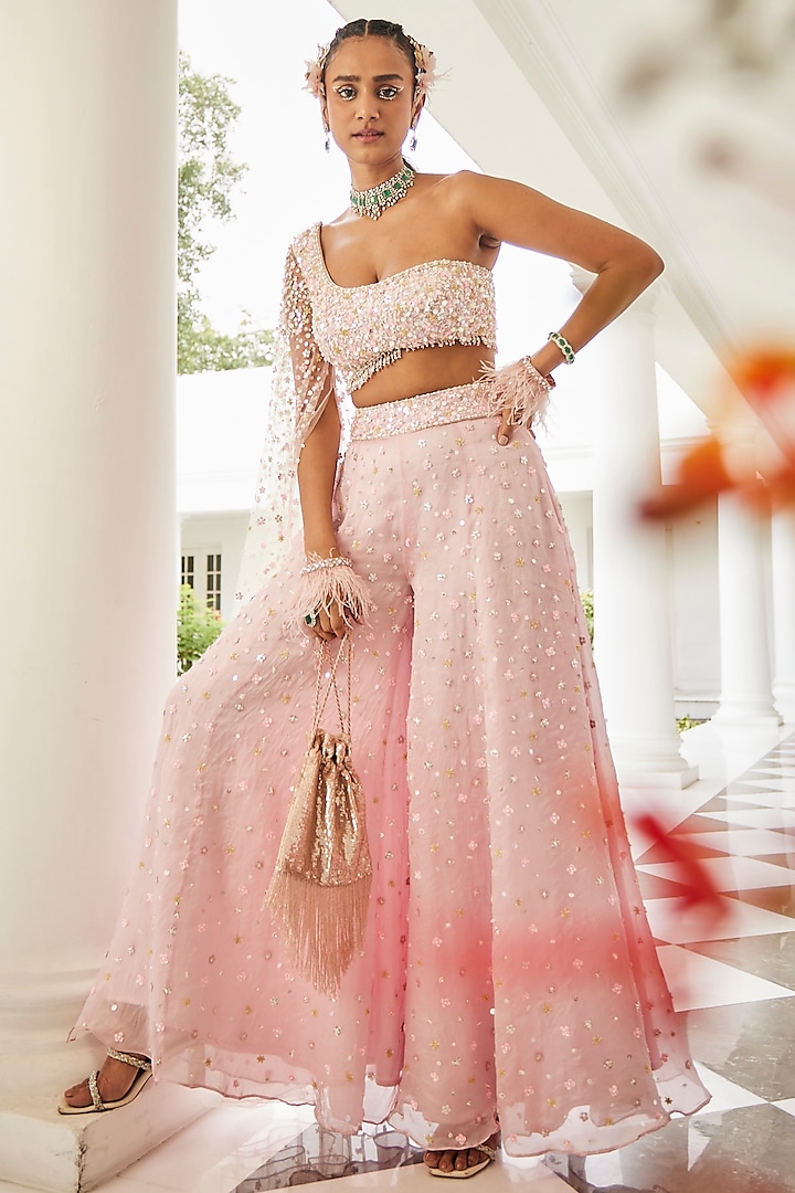 Powder Pink Net & Crepe Cutdana Embroidered Sharara Set by Mani Bhatia at Pernia's Pop Up Shop