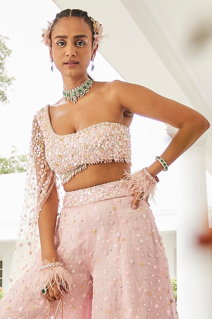 Powder Pink Net & Crepe Cutdana Embroidered Wedding Sharara Set by Mani Bhatia at Pernia's Pop Up Shop