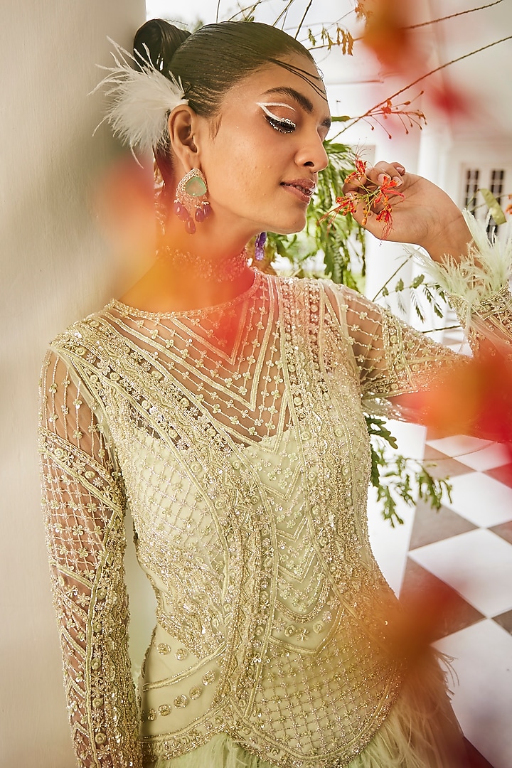 Pastel Lime Green Crepe & Net Tonal Embroidered Kurta Set by Mani Bhatia at Pernia's Pop Up Shop