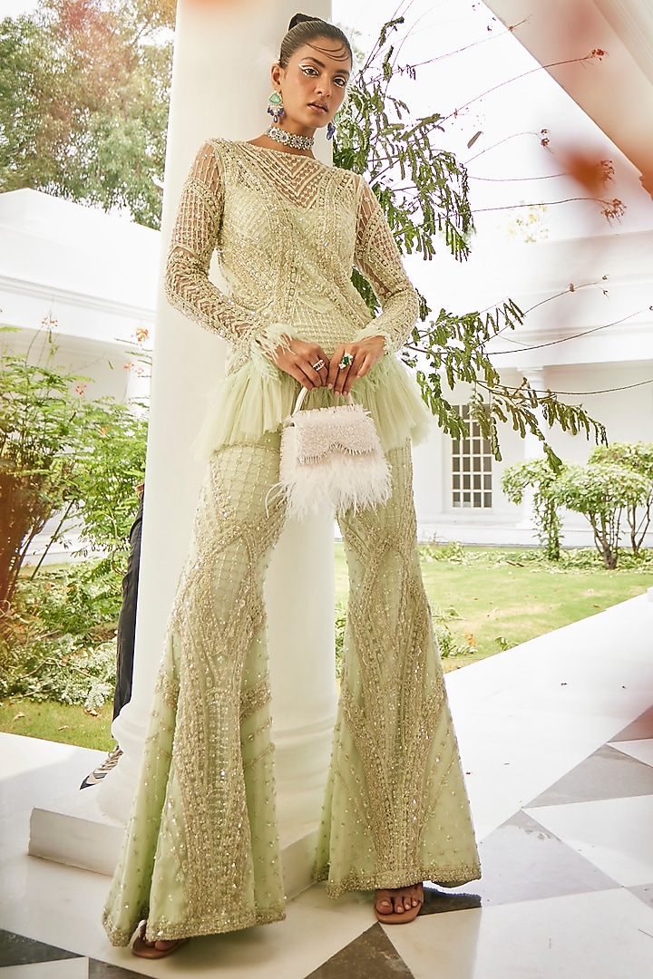 Pastel Lime Green Crepe & Net Tonal Embroidered Kurta Set by Mani Bhatia at Pernia's Pop Up Shop