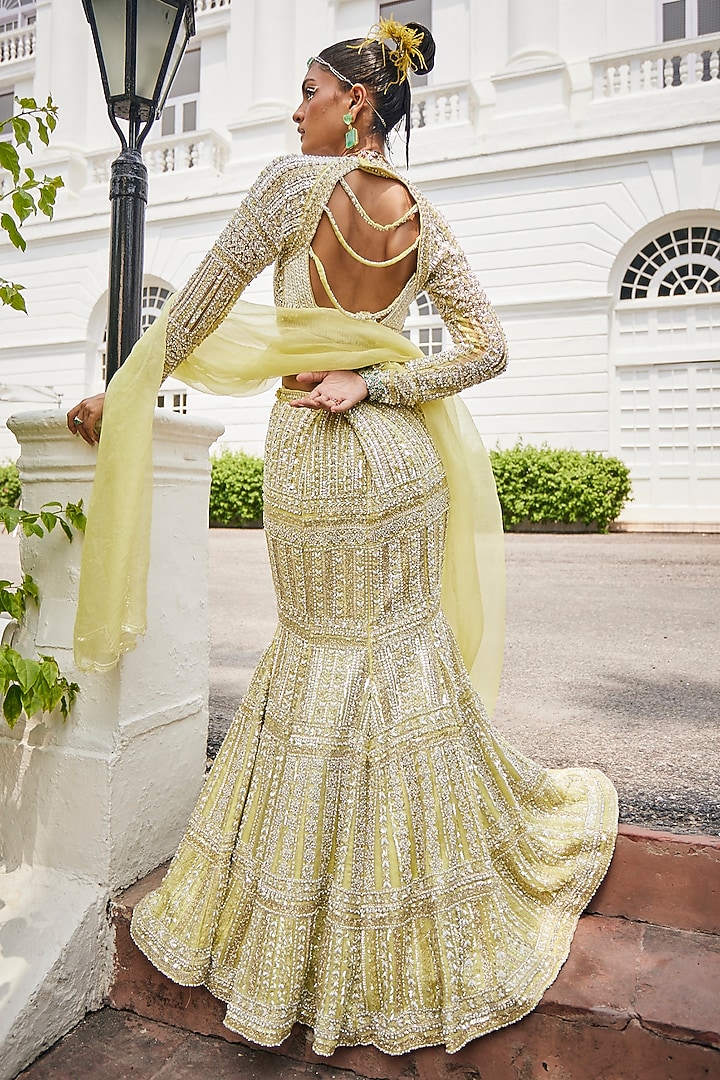 Pale Lime Yellow Net Swarovski Mermaid Bridal Lehenga Set by Mani Bhatia at Pernia's Pop Up Shop
