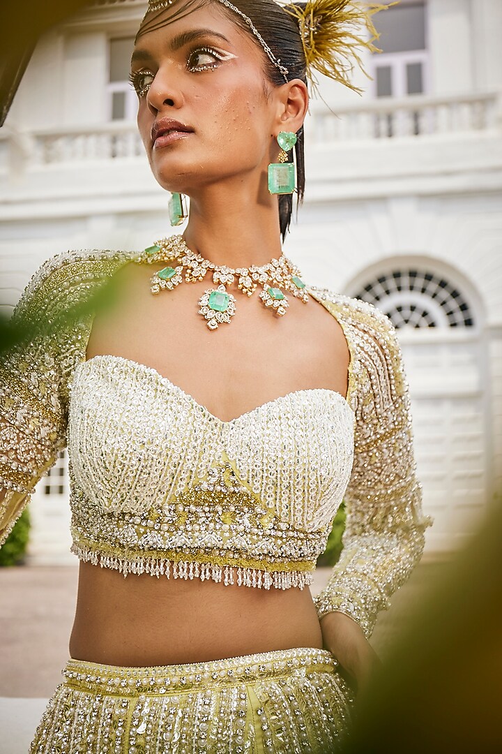 Pale Lime Yellow Net Swarovski Mermaid Bridal Lehenga Set by Mani Bhatia at Pernia's Pop Up Shop