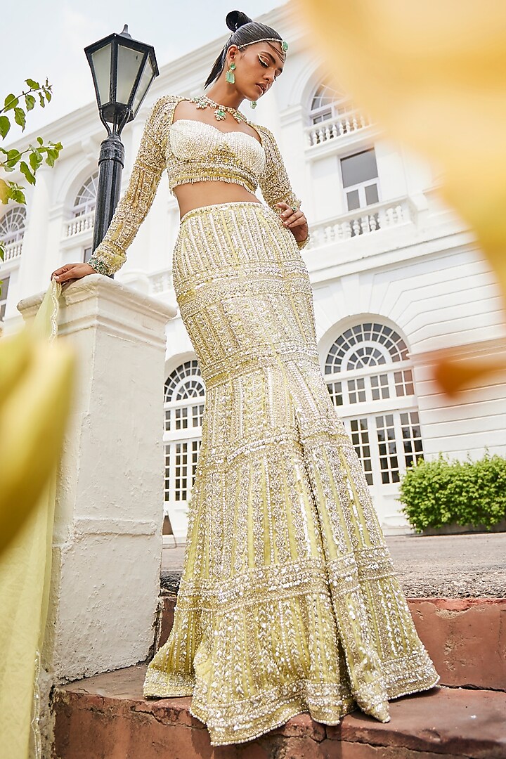 Pale Lime Yellow Net Swarovski Mermaid Bridal Lehenga Set by Mani Bhatia at Pernia's Pop Up Shop
