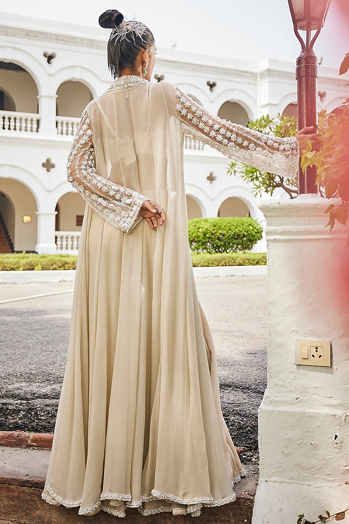 Oat Milk Crepe & Chiffon Pearl Embroidered Jacket Set by Mani Bhatia at Pernia's Pop Up Shop