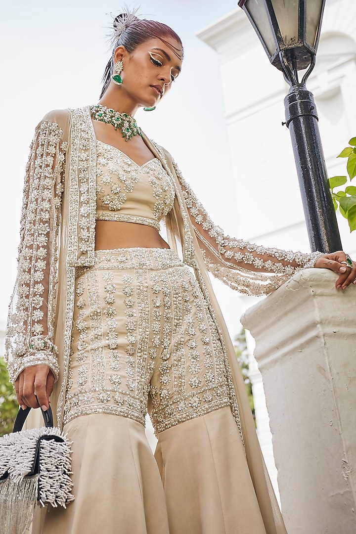 Oat Milk Crepe & Chiffon Pearl Embroidered Jacket Set by Mani Bhatia at Pernia's Pop Up Shop