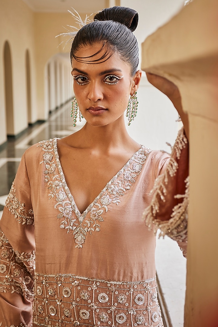 Rose Gold Peach Dupion Silk Pearl Embroidered Palazzo Pant Set by Mani Bhatia at Pernia's Pop Up Shop