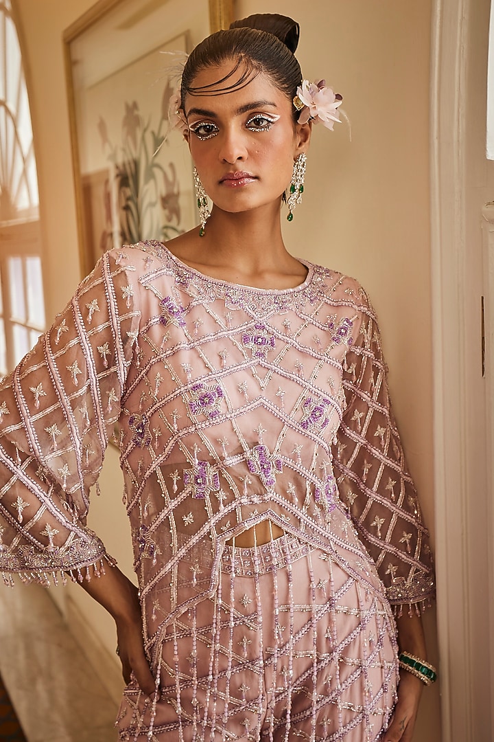 Lilac Pink Organza & Crepe Sequins Embroidered Flared Pant Set by Mani Bhatia at Pernia's Pop Up Shop