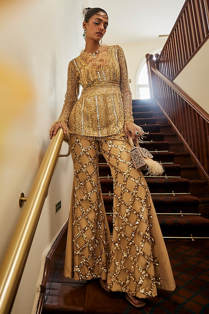 Gold Crepe & Satin Sequin Embroidered Flared Pant Set by Mani Bhatia at Pernia's Pop Up Shop