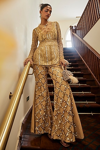 Gold Crepe & Satin Sequin Embroidered Flared Pant Set by Mani Bhatia