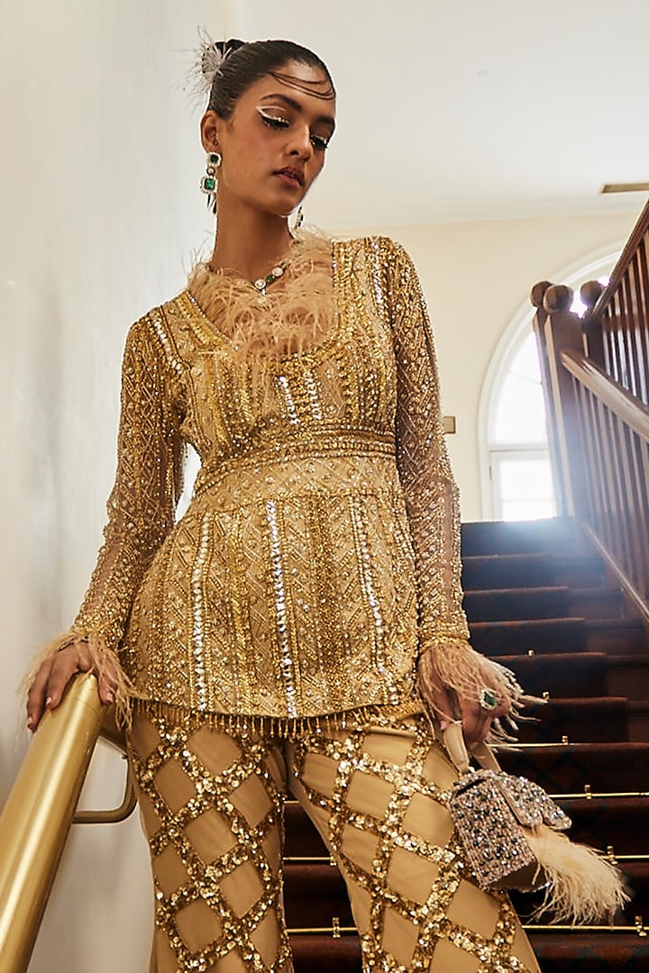 Gold Crepe & Satin Sequin Embroidered Flared Pant Set by Mani Bhatia at Pernia's Pop Up Shop