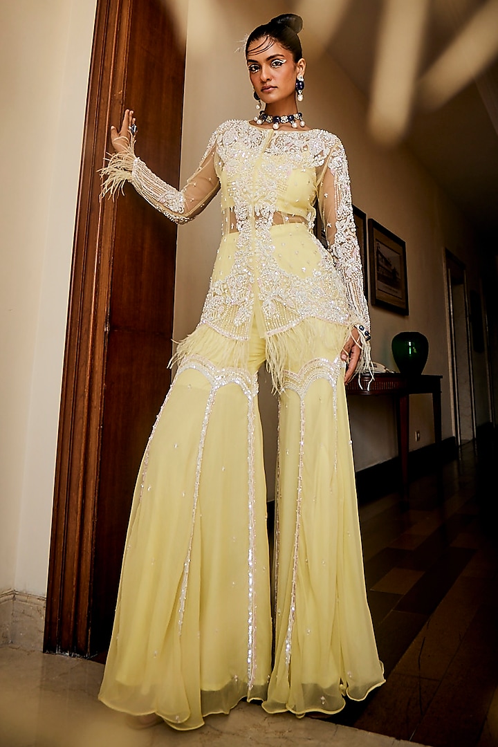 Pastel Yellow Chiffon & Net Pearl Embroidered Gharara Set by Mani Bhatia at Pernia's Pop Up Shop