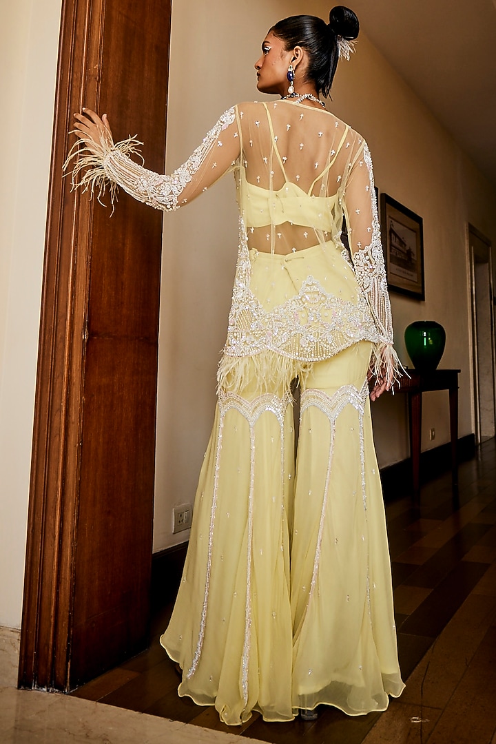 Pastel Yellow Chiffon & Net Pearl Embroidered Gharara Set by Mani Bhatia at Pernia's Pop Up Shop
