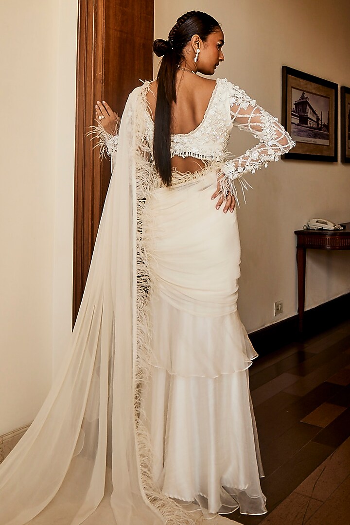 Ivory Organza & Crepe Pre-Draped Ruffled Reception Saree Set by Mani Bhatia at Pernia's Pop Up Shop