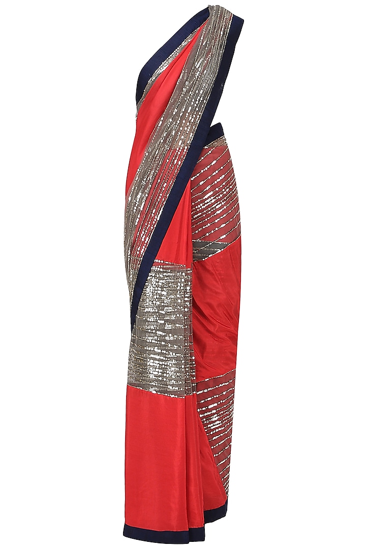 Red and Grey Embroidered Saree with An Unstitched Blouse by Mandira Bedi