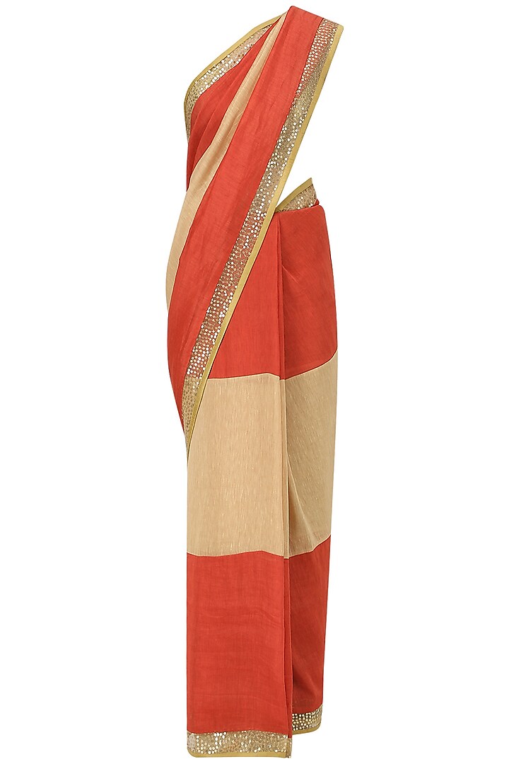 Red and Beige Embroidered Saree with An Unstitched Blouse by Mandira Bedi