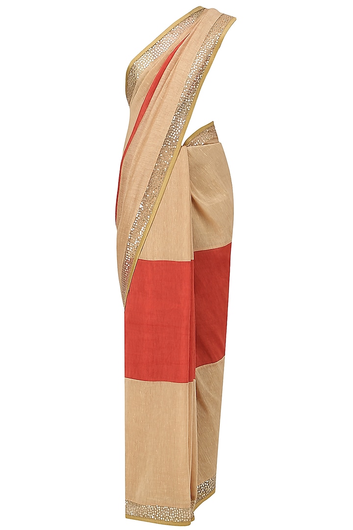 Beige and Red Embroidered Saree with An Unstitched Blouse by Mandira Bedi