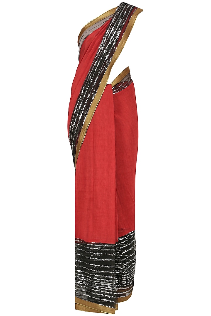 Red and Black Embroidered Saree with An Unstitched Blouse by Mandira Bedi