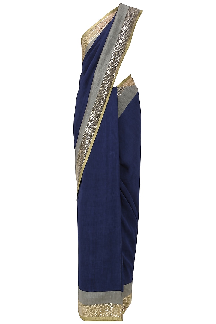 Navy Blue and Grey Embroidered Saree with An Unstitched Blouse by Mandira Bedi