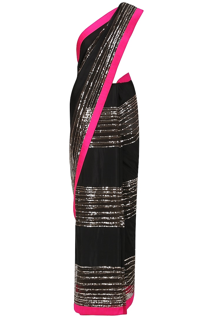 Black, Pink and Grey Embroidered Saree with An Unstitched Blouse by Mandira Bedi