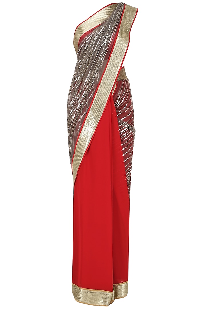 Red and Grey Sequins Embroidered Saree with An Unstitched Blouse by Mandira Bedi
