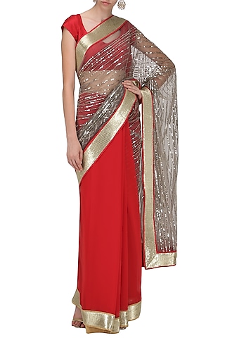 Red and Grey Sequins Embroidered Saree with An Unstitched Blouse by Mandira Bedi