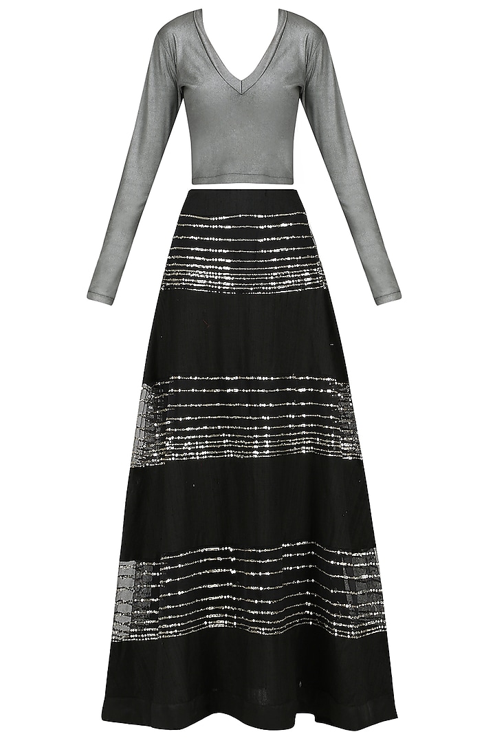 Black Sequins Embellished Lehenga Skirt with Silver Top by Mandira Bedi