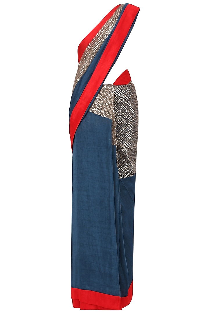 Blue and Red Embroidered Saree with An Unstitched Blouse by Mandira Bedi