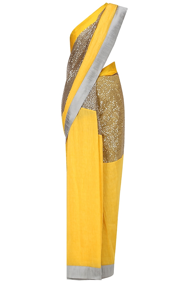 Yellow and Grey Embroidered Saree with An Unstitched Blouse by Mandira Bedi