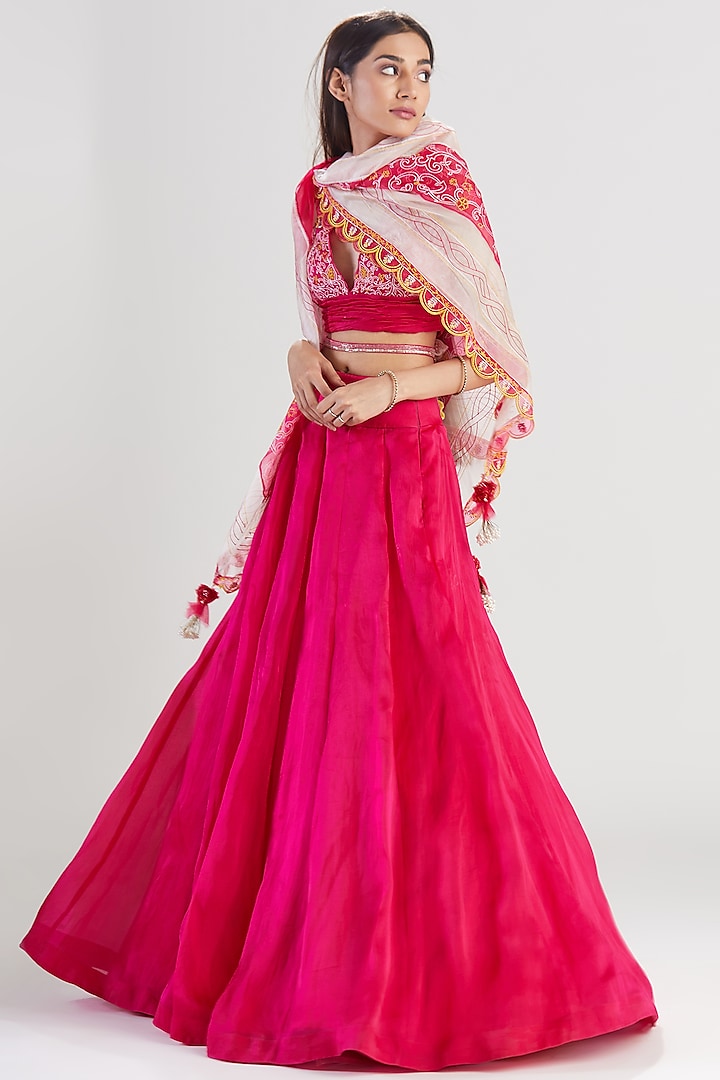 Hot Pink Embroidered Lehenga Set by Megha Bansal