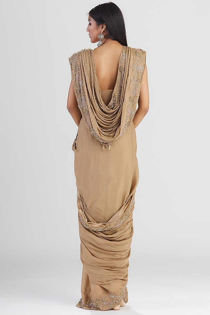 Brown Chiffon & Tulle Zardosi Embroidered Draped Wedding Saree by Megha Bansal at Pernia's Pop Up Shop