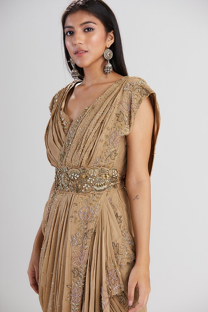 Brown Chiffon & Tulle Zardosi Embroidered Draped Wedding Saree by Megha Bansal at Pernia's Pop Up Shop