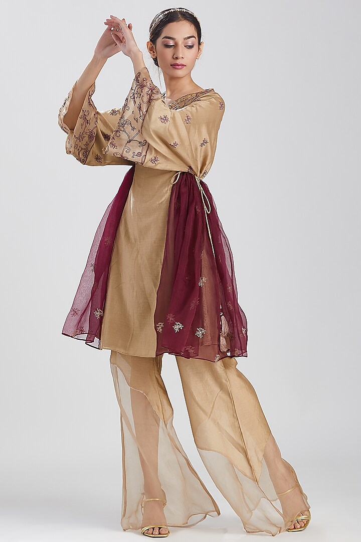 Brown & Wine Embroidered Kurta With Pants by Megha Bansal