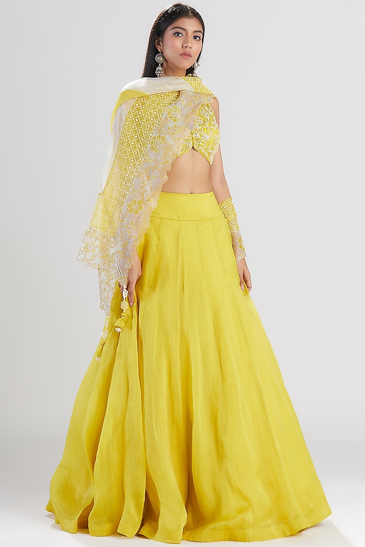 Lime Yellow Embroidered Lehenga Set by Megha Bansal